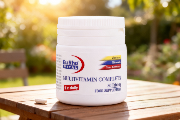 تصویر قرص مولتی ویتامین کامپلیت یوروویتال کنار لیوان آب